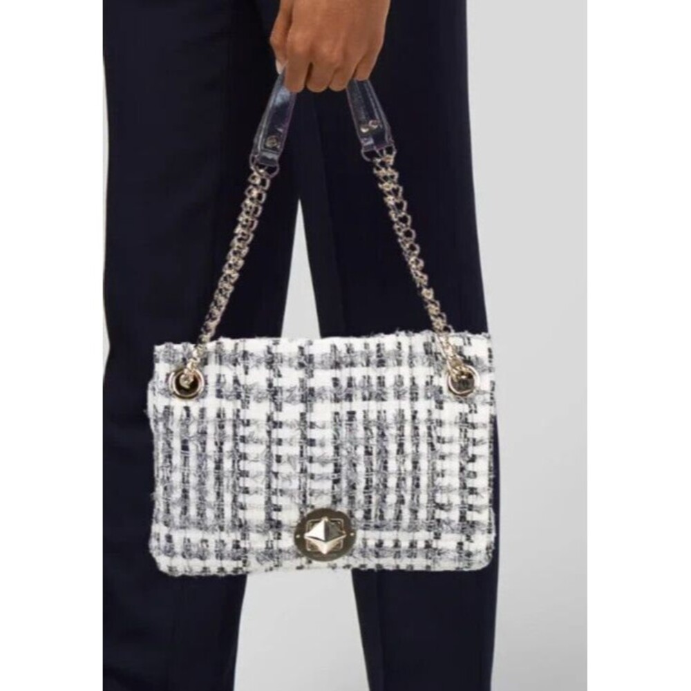 DESIGNER KATE SPADE BLUE MULTI COLOR TWEED FLAP M SIZE CHAIN STRAP SHOULDER BAG - Picture 8 of 13